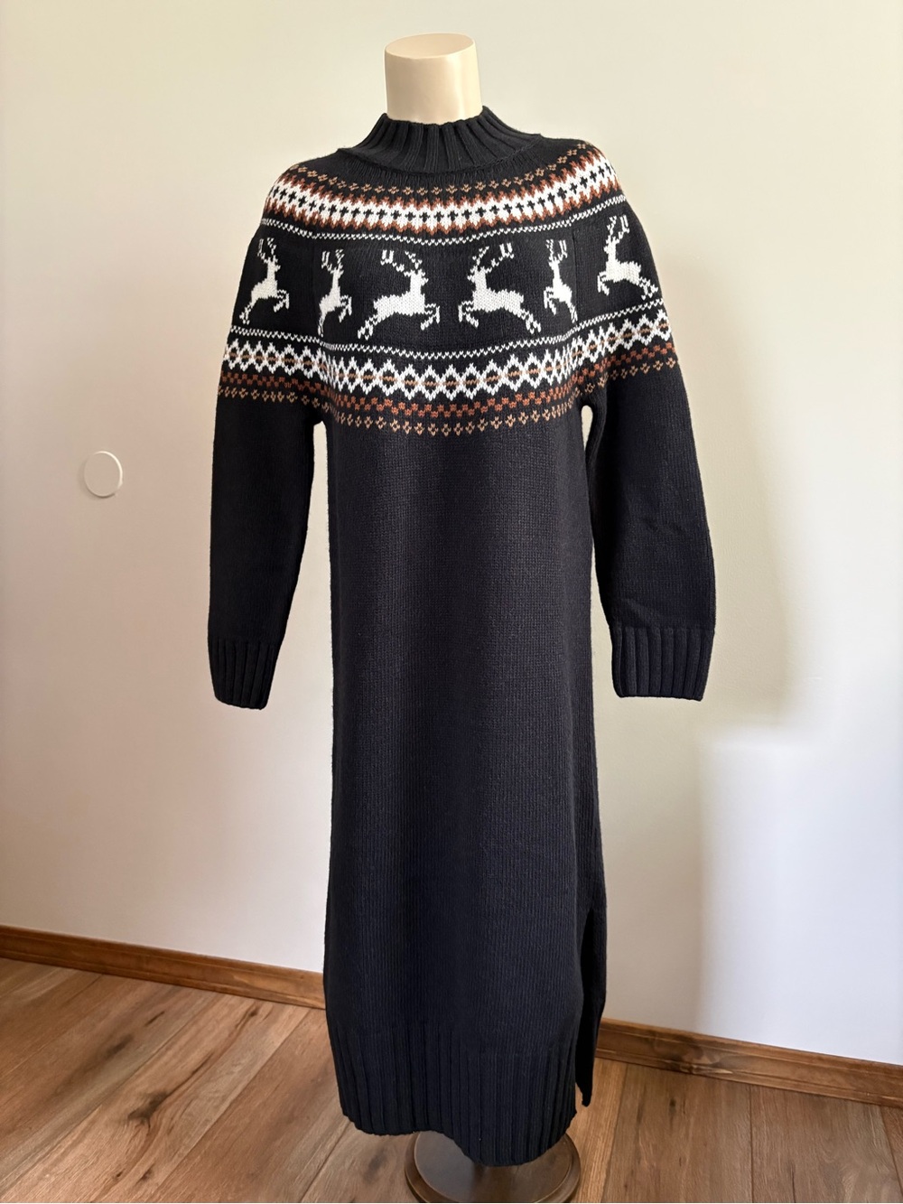 Barbour Kingsbury Knitted Sweater Dress Reindeer Fair Isle Black Maxi Size 4